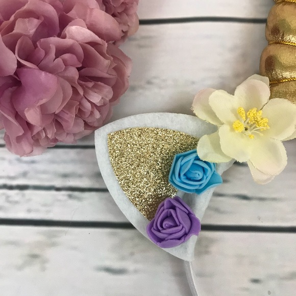 Magical Golden Unicorn Horn Floral Headband - Picture 2 of 5